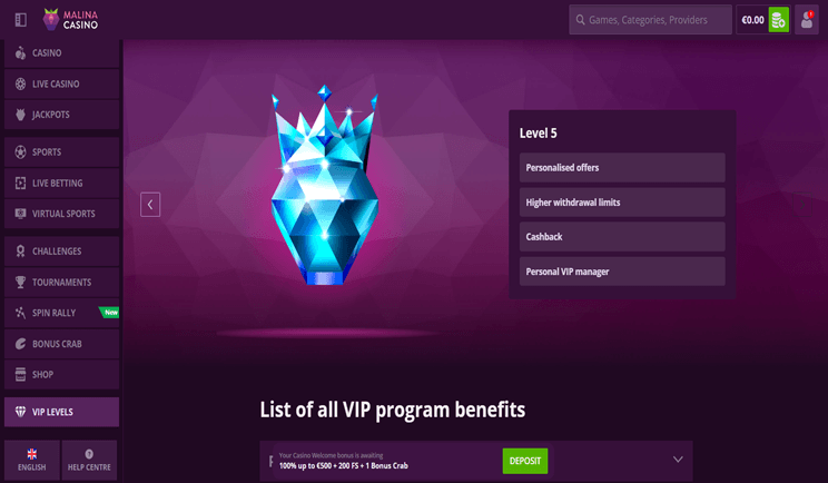 Malina casino b&oacute;nusz &eacute;s VIP program szintek